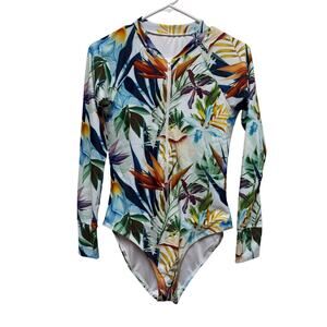 NWT Women's Leaf Print Long Sleeve Rash Guard One Piece Size Medium